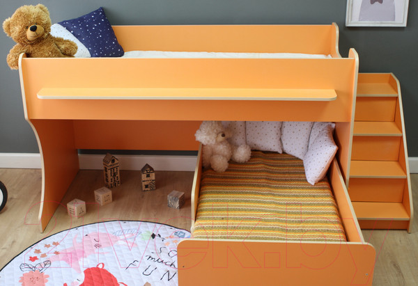 Изображение товара Двухъярусная кровать детская Капризун 12 Р444-2 с лестницей и ящиками (оранжевый)
