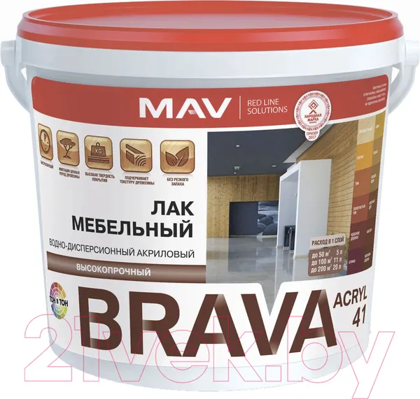Изображение товара Лак MAV Brava ВД-АК-2041 мебельный (11л, бесцветный полуглянцевый)
