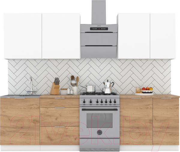 Изображение товара Кухонный гарнитур Интермебель Микс Топ-6 2.1м (белый премиум/дуб крафт золотой/мрамор лацио белый)