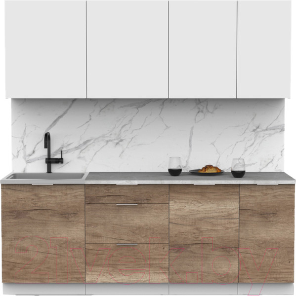 Изображение товара Кухонный гарнитур Интермебель Микс Топ-6 2.1м (белый премиум/дуб каньон/мрамор лацио белый)
