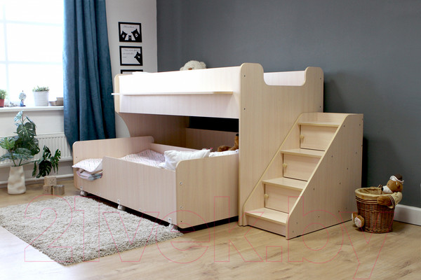 Изображение товара Двухъярусная кровать детская Капризун 12 Р444-2 с лестницей и ящиками (дуб млечный)