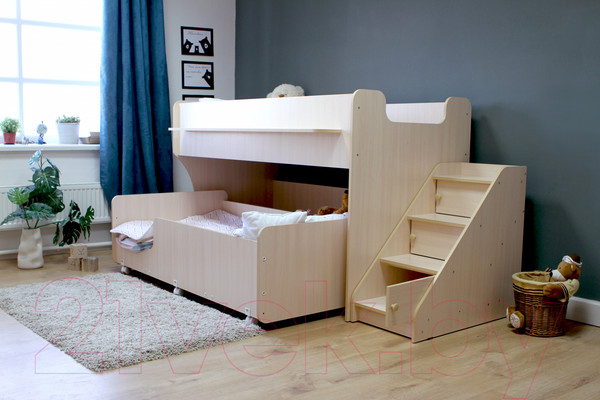 Изображение товара Двухъярусная кровать детская Капризун 12 Р444-2 с лестницей и ящиками (дуб млечный)