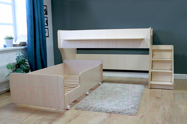 Изображение товара Двухъярусная кровать детская Капризун 12 Р444-2 с лестницей и ящиками (дуб млечный)