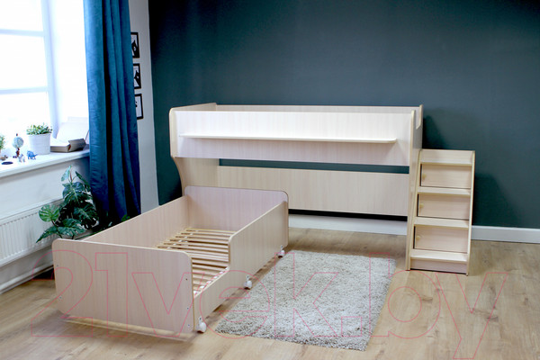 Изображение товара Двухъярусная кровать детская Капризун 12 Р444-2 с лестницей и ящиками (дуб млечный)