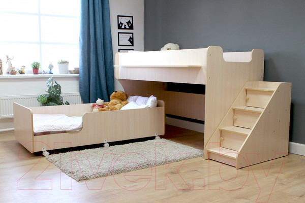 Изображение товара Двухъярусная кровать детская Капризун 12 Р444-2 с лестницей и ящиками (дуб млечный)