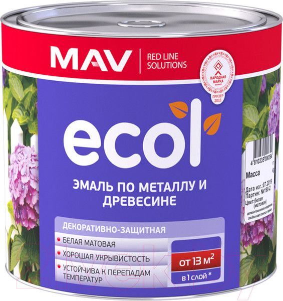 Изображение товара Эмаль MAV Ecol ПФ-115 С (11кг, белый матовый)