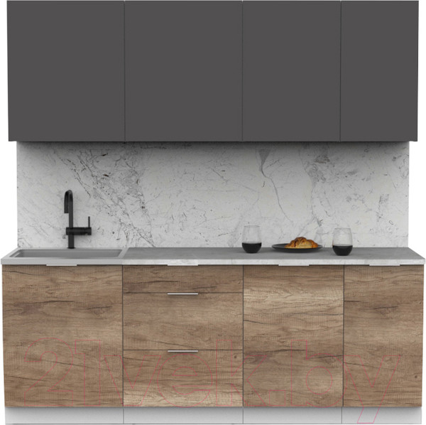 Изображение товара Кухонный гарнитур Интермебель Микс Топ-6 2.1м (графит серый/дуб каньон/мрамор лацио белый)