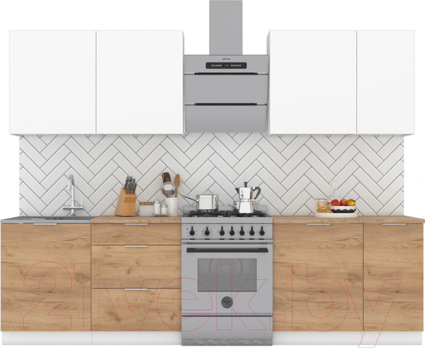 Изображение товара Кухонный гарнитур Интермебель Микс Топ-7 2.2м (белый премиум/дуб крафт золотой/мрамор лацио белый)