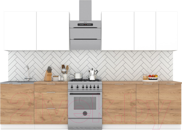 Изображение товара Кухонный гарнитур Интермебель Микс Топ-9 2.6м (белый премиум/дуб крафт золотой/мрамор лацио белый)