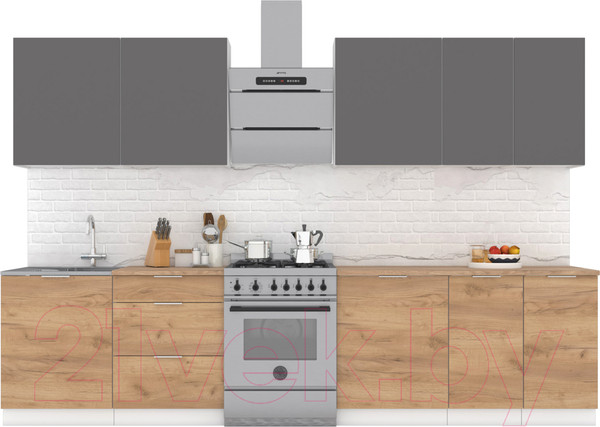 Изображение товара Кухонный гарнитур Интермебель Микс Топ-9 2.6м (графит серый/дуб крафт золотой/мрамор лацио белый)