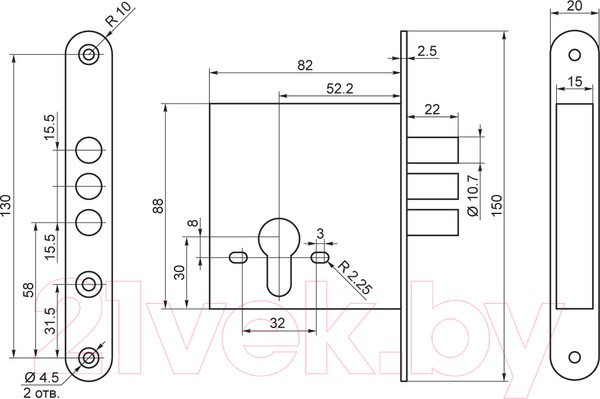 Изображение товара Замок врезной ПроСам ЗВ 1-2БМ/11СО.КН-005 без ЦМ / 89600