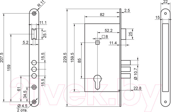 Изображение товара Замок врезной ПроСам ЗВ 4-3 без ц/м м/о 85мм / 78111 (черный жемчуг)