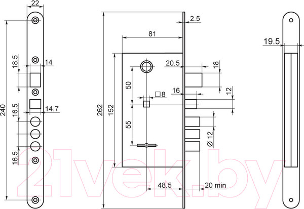 Изображение товара Замок врезной ПроСам ЗВ 9-8.3/13 м/о 55мм Правый ЗЩ ЗД РФ46П-002Ш / 88010 (медь)