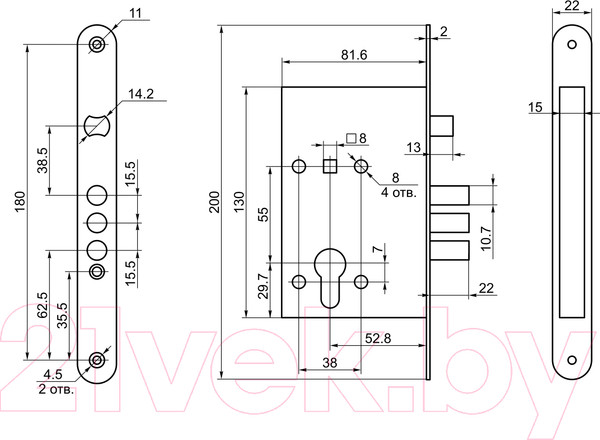 Изображение товара Замок врезной ПроСам ЗВ 4-31/55.РФ.55-016 м/о 55мм без ц/м удлинненная планка / 78926 (латунь)