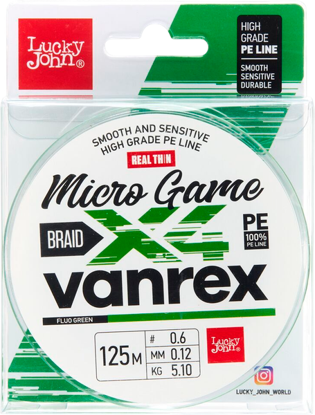 Изображение товара Леска плетеная Lucky John Vanrex Micro Game Х4 Braid Fluo Green 125/012 / LJ4115-012