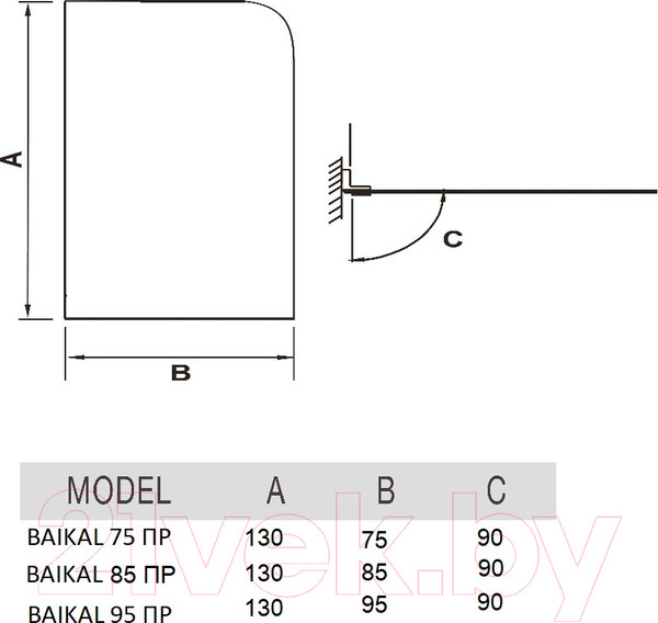 Изображение товара Стеклянная шторка для ванны RIVER Baikal 85 ПР