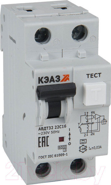 Изображение товара Дифференциальный автомат КЭАЗ 2п C 6А 30мА тип A 6кА АВДТ32-22C6 A УХЛ4 / 228063