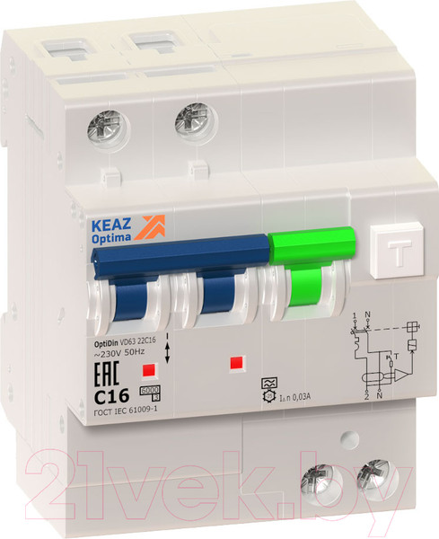 Изображение товара Дифференциальный автомат КЭАЗ 2п C 25А 30мА тип A 6кА OptiDin VD63 УХЛ4 / 103455