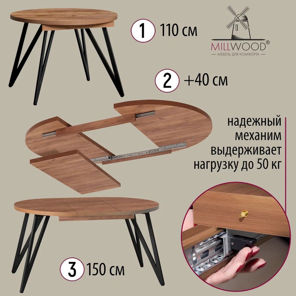 Изображение товара Обеденный стол Millwood Женева 3 D раздвижной D110-150x110x75 (дуб табачный Craft/металл черный)