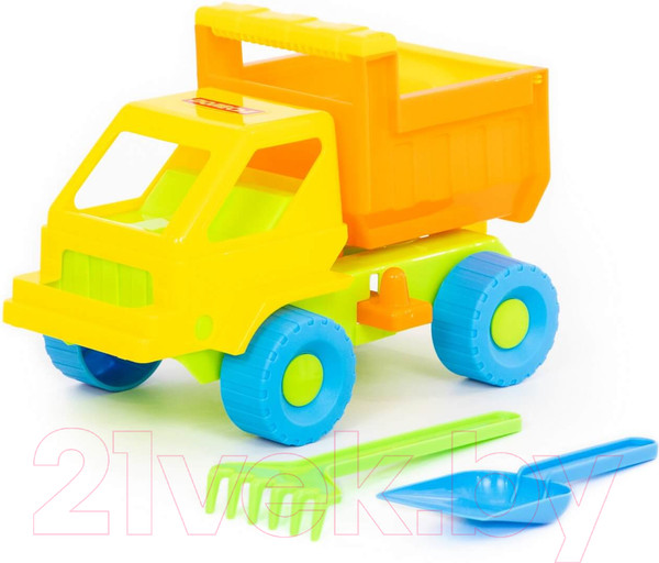 Изображение товара Набор игрушек для песочницы Полесье Самосвал Кузя с лопаткой и грабельками / 1276