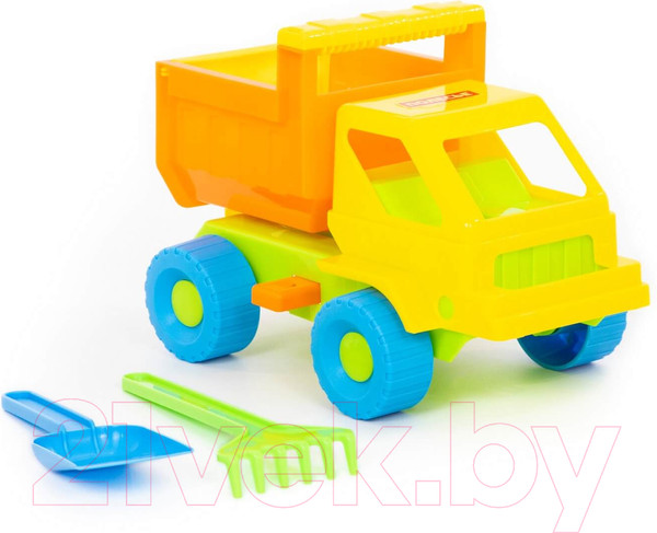 Изображение товара Набор игрушек для песочницы Полесье Самосвал Кузя с лопаткой и грабельками / 1276