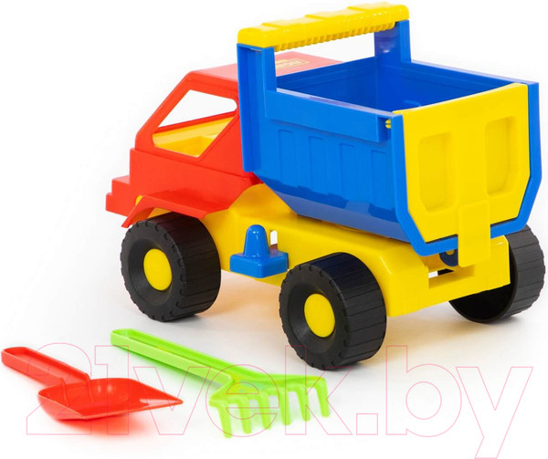 Изображение товара Набор игрушек для песочницы Полесье Самосвал Кузя с лопаткой и грабельками / 1276