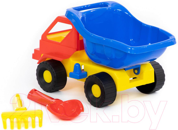Изображение товара Набор игрушек для песочницы Полесье Самосвал Кузя-2 с совком и грабельками / 2808