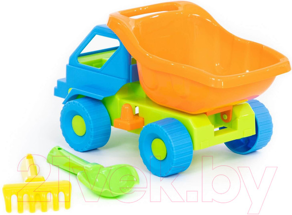 Изображение товара Набор игрушек для песочницы Полесье Самосвал Кузя-2 с совком и грабельками / 2808