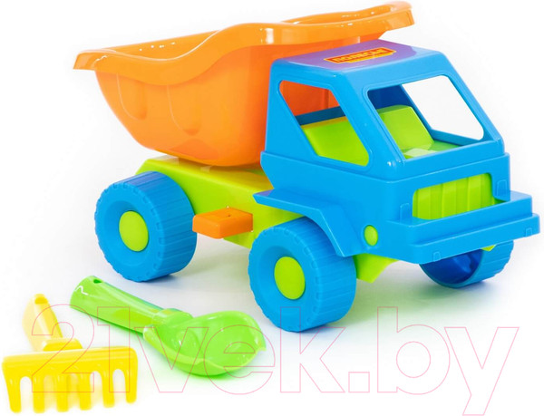 Изображение товара Набор игрушек для песочницы Полесье Самосвал Кузя-2 с совком и грабельками / 2808