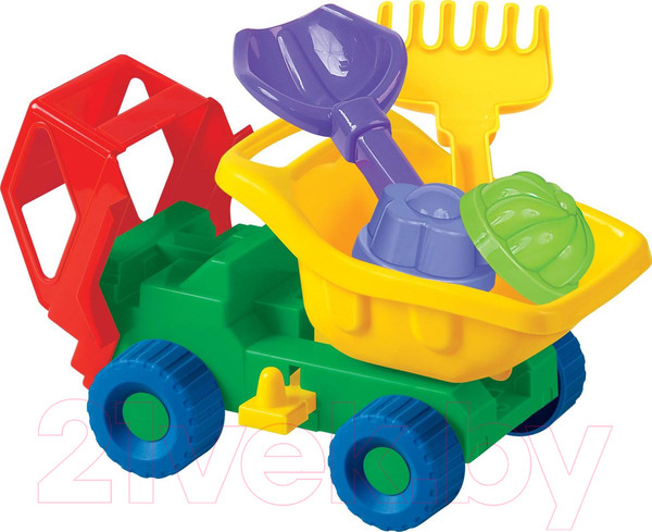 Изображение товара Набор игрушек для песочницы Полесье Самосвал Кузя-2 с совком, грабельками и формочками / 2945