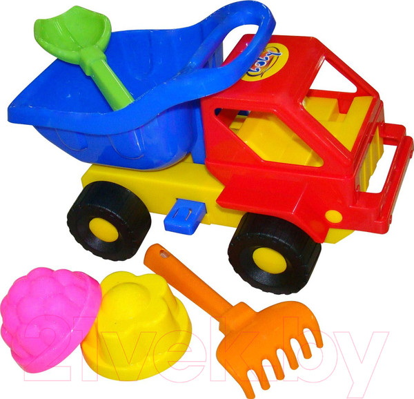 Изображение товара Набор игрушек для песочницы Полесье Самосвал Кузя-2 с совком, грабельками и формочками / 2945