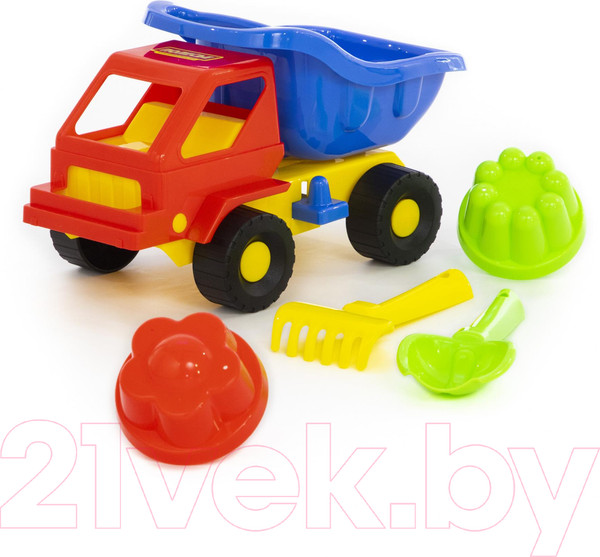 Изображение товара Набор игрушек для песочницы Полесье Самосвал Кузя-2 с совком, грабельками и формочками / 2945