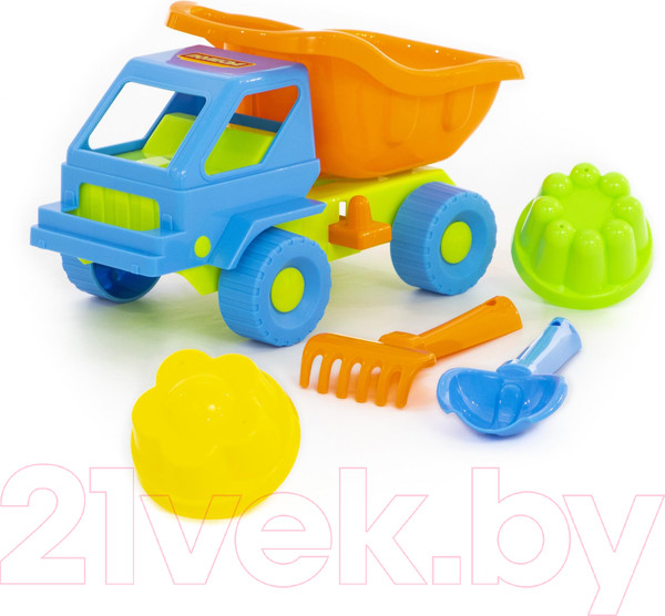 Изображение товара Набор игрушек для песочницы Полесье Самосвал Кузя-2 с совком, грабельками и формочками / 2945