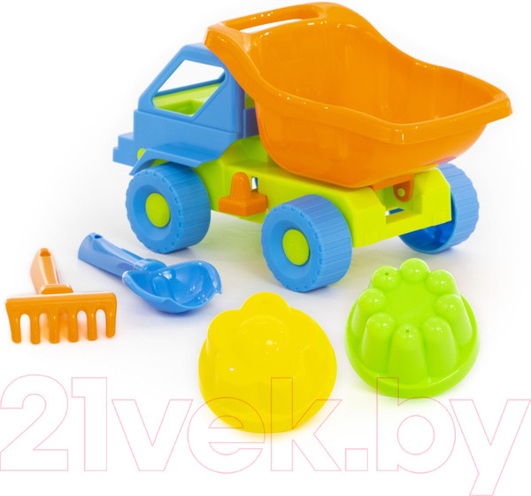 Изображение товара Набор игрушек для песочницы Полесье Самосвал Кузя-2 с совком, грабельками и формочками / 2945
