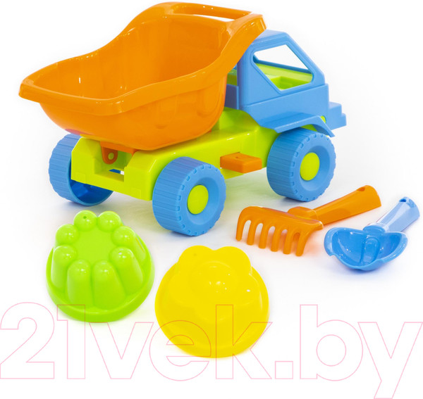 Изображение товара Набор игрушек для песочницы Полесье Самосвал Кузя-2 с совком, грабельками и формочками / 2945