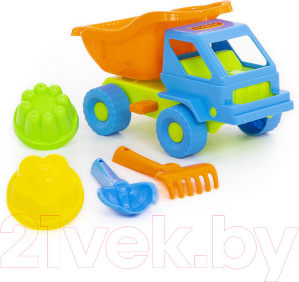 Изображение товара Набор игрушек для песочницы Полесье Самосвал Кузя-2 с совком, грабельками и формочками / 2945