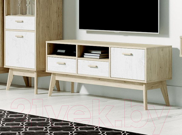 Изображение товара Тумба Мебельград Калгари ТВ 128х40х57 (дуб натуральный светлый/белый матовый)