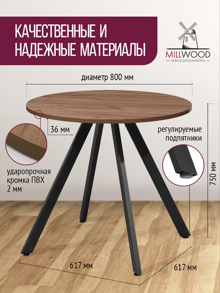 Изображение товара Обеденный стол Millwood Олесунн D800 (дуб табачный Craft/металл черный)