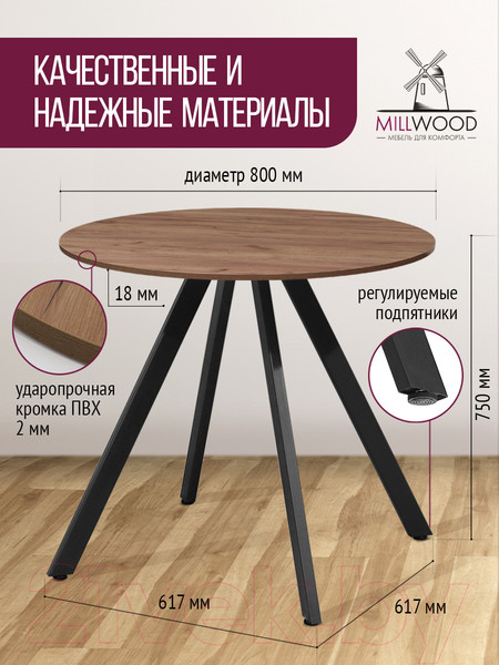 Изображение товара Обеденный стол Millwood Олесунн D800 18мм (дуб табачный Craft/металл черный)
