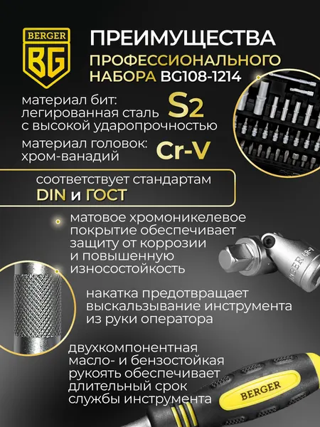 Изображение товара Универсальный набор инструментов BERGER 1/2" -1/4" / BG108-1214 (108 предметов)