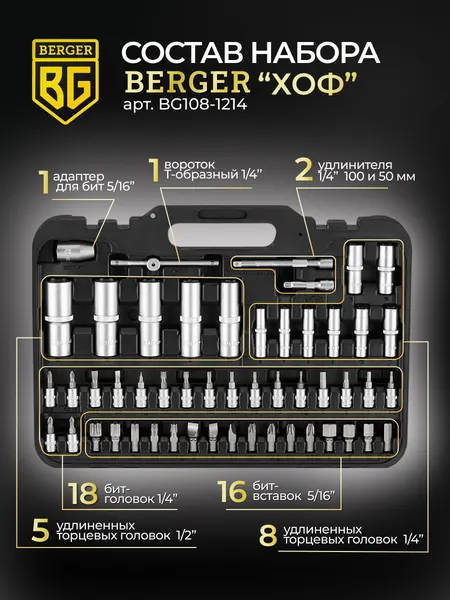 Изображение товара Универсальный набор инструментов BERGER 1/2" -1/4" / BG108-1214 (108 предметов)