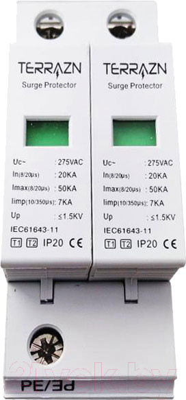 Изображение товара Ограничитель перенапряжения Terrazn CET-T1Т2-AC 2P AC275V 7KA (10/350us) 20-50КА(8/20us) Up<1.5KV