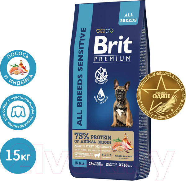 Изображение товара Сухой корм для собак Brit Premium Dog Sensitive с лососем и индейкой / 5063222 (15кг)