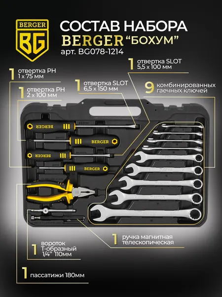 Изображение товара Универсальный набор инструментов BERGER 1/2"-1/4" / BG078-1214 (78 предметов)