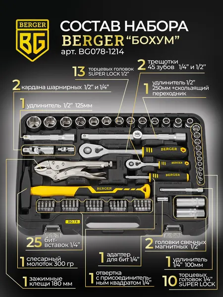 Изображение товара Универсальный набор инструментов BERGER 1/2"-1/4" / BG078-1214 (78 предметов)