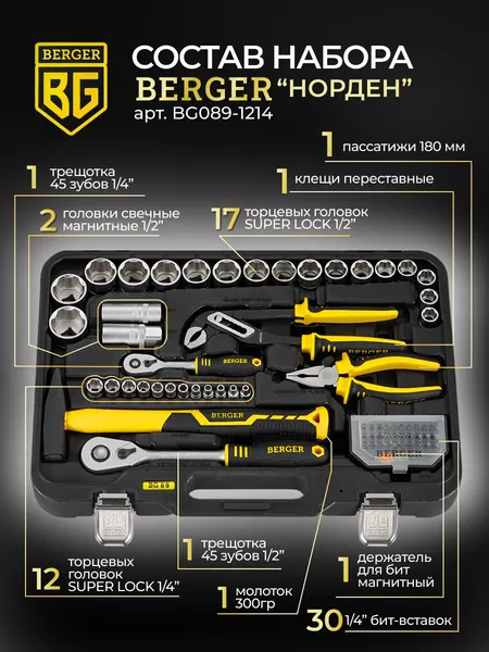 Изображение товара Универсальный набор инструментов BERGER 1/2"-1/4" / BG089-1214 (89 предметов)