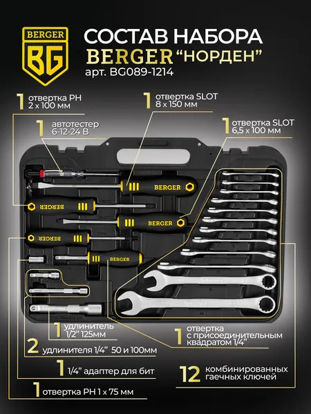 Изображение товара Универсальный набор инструментов BERGER 1/2"-1/4" / BG089-1214 (89 предметов)