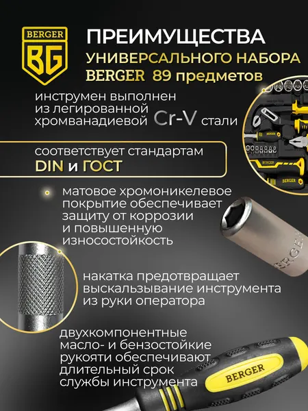 Изображение товара Универсальный набор инструментов BERGER 1/2"-1/4" / BG089-1214 (89 предметов)