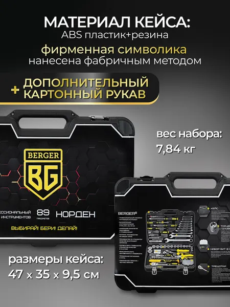 Изображение товара Универсальный набор инструментов BERGER 1/2"-1/4" / BG089-1214 (89 предметов)