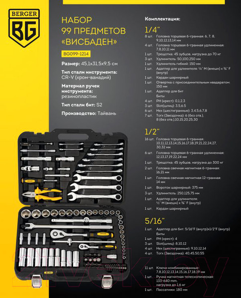 Изображение товара Универсальный набор инструментов BERGER 1/2"-1/4" / BG099-1214 (99 предметов)